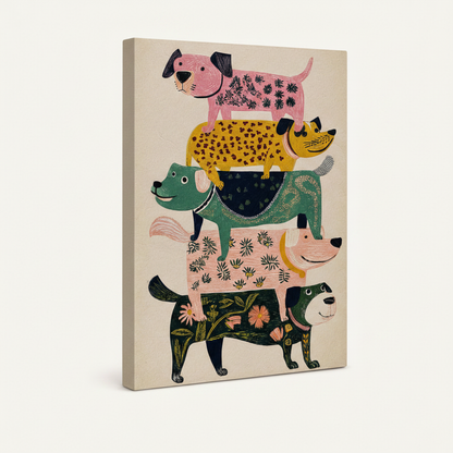 Gallery wrap canvas print featuring folk art stacked dogs illustration, side angle view