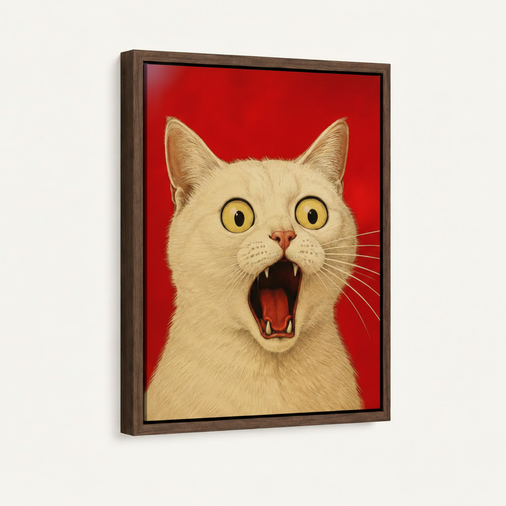 Framed hyperrealistic cat canvas print, dark walnut floating frame, 3/4 angle view on clean off-white background