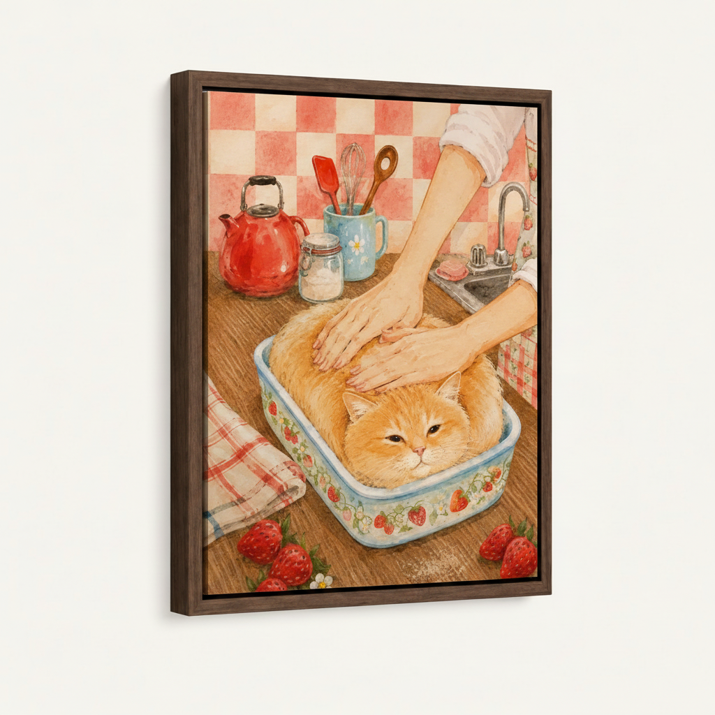 Framed cat kitchen watercolor print with dark walnut float frame product shot