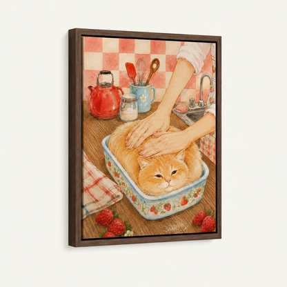 Framed cat kitchen watercolor print with dark walnut float frame product shot