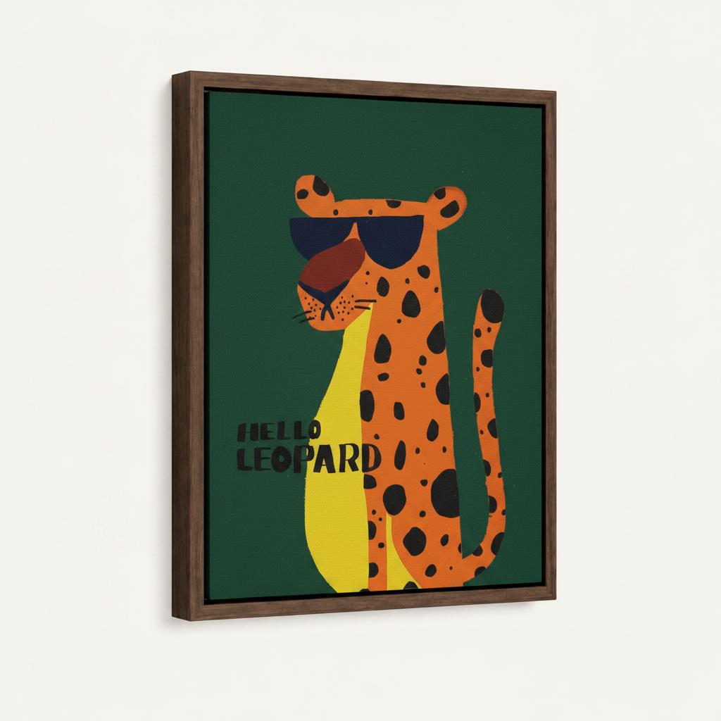 Framed Hello Leopard illustration canvas with dark walnut frame mounted on off-white wall