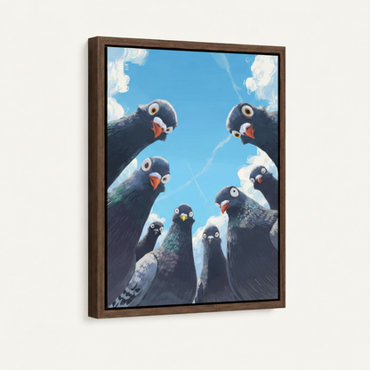 Pigeon flock worm's-eye view cartoon canvas in dark walnut floating frame at 3/4 angle on white background