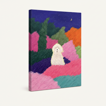 Gallery wrap canvas of fluffy white dog on vibrant colorful hills under starry sky, frameless angled view