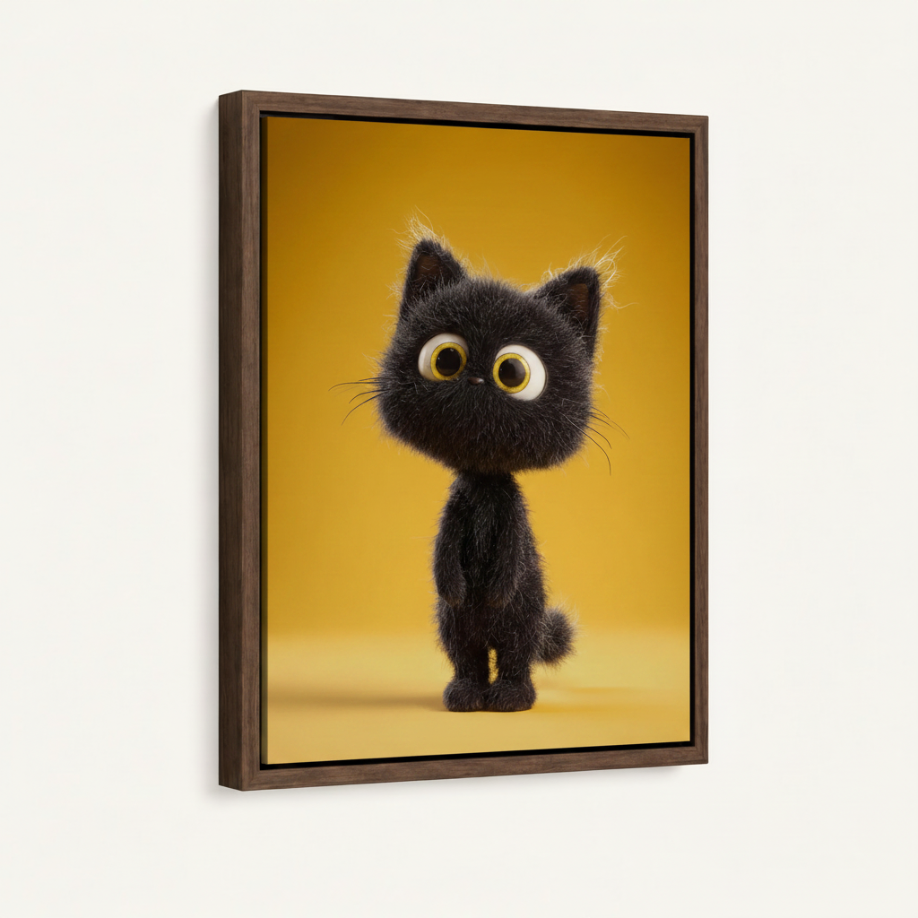 Cute black kitten 3D canvas in dark walnut float frame on white background product mockup