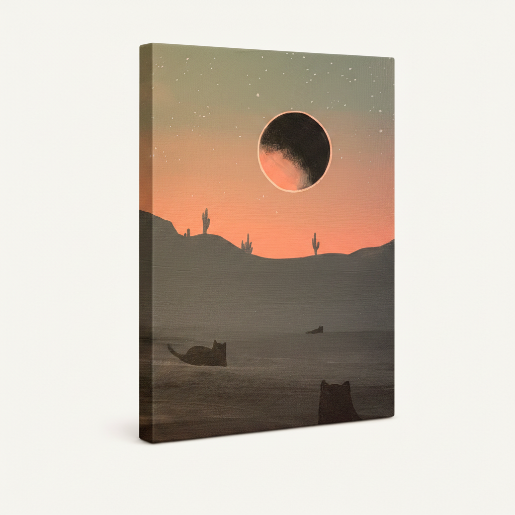 Black cats desert night gallery wrap canvas, portrait orientation white background product mockup