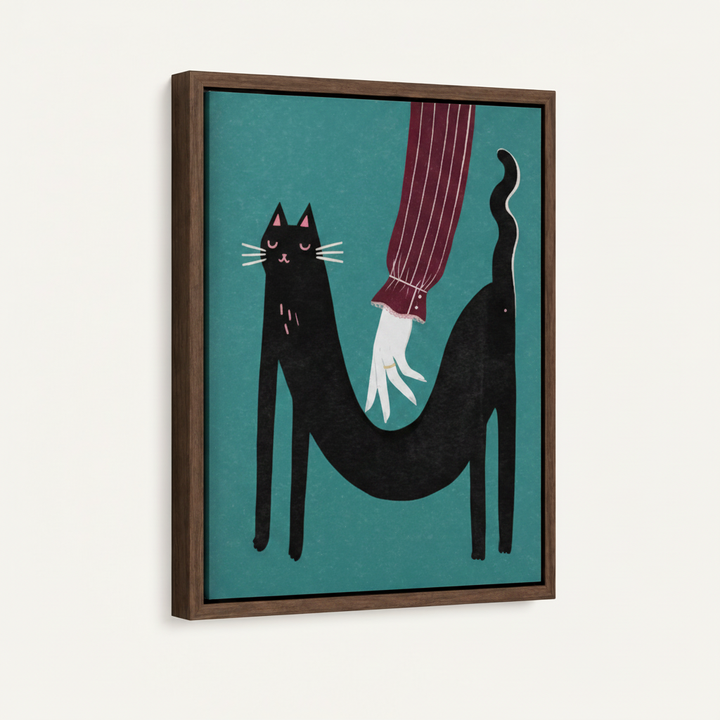 Whimsical black cat art print in dark walnut float frame angled product view