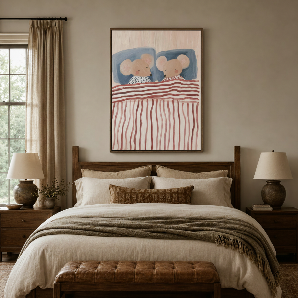 Cute sleeping mice folk art canvas print above bed in cozy neutral kids' bedroom