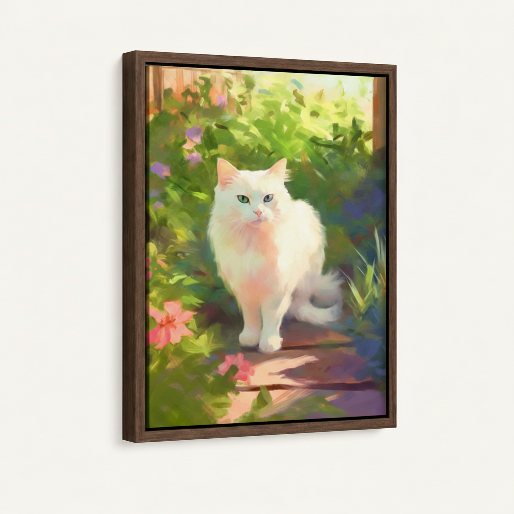 White cat garden anime painting in dark walnut float frame on white background product mockup