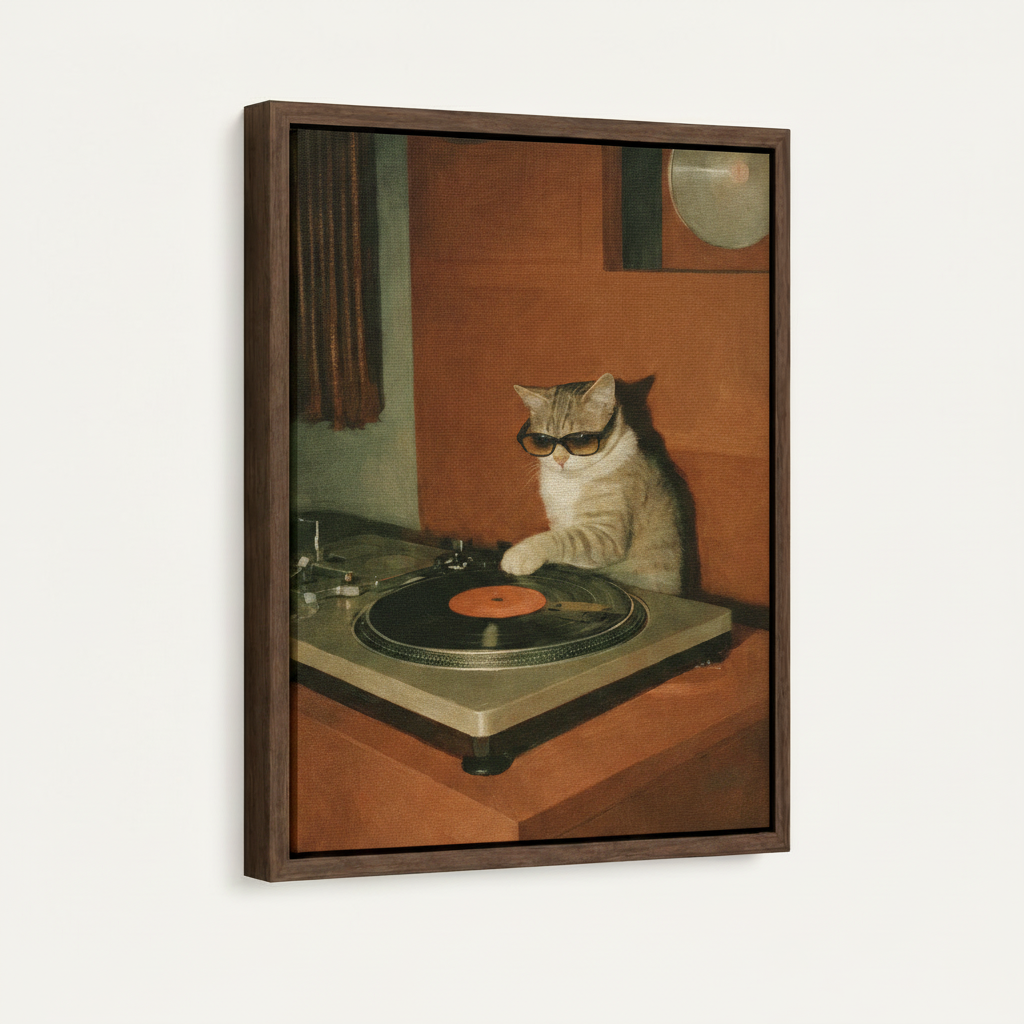 Framed canvas close-up of DJ cat with sunglasses at turntable – retro vintage oil painting by Aurewall