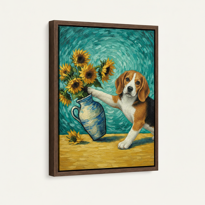 Framed impasto canvas print with dark walnut float frame featuring beagle and sunflower painting