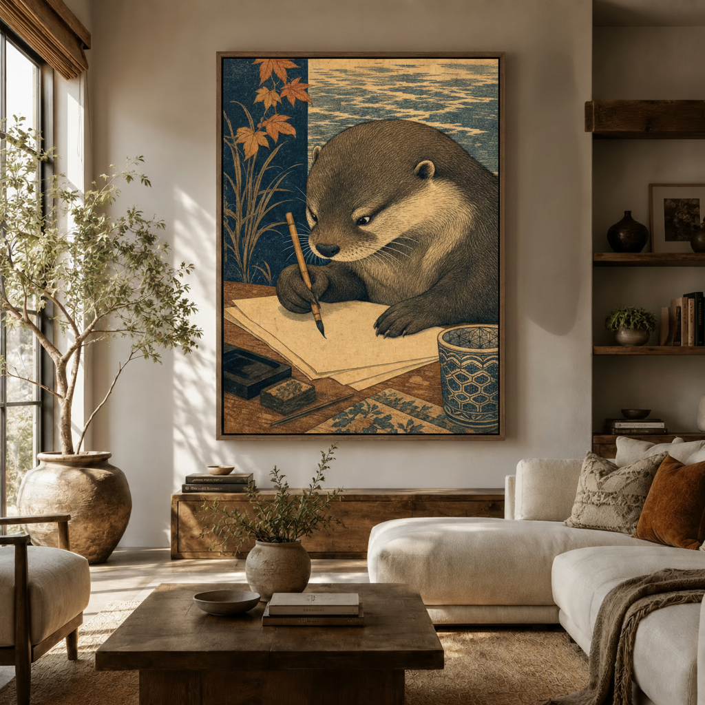Large otter writing wall art framed in dark walnut above a white sofa in a bright boho living room