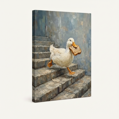 Gallery-wrap stretched canvas of duck with bread, stone step painting wraps onto canvas sides, white background