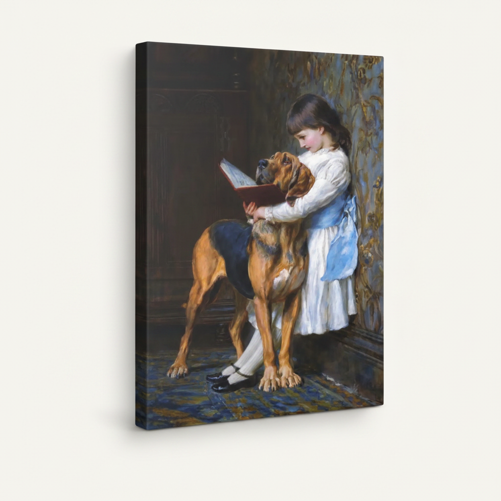 Stretched canvas Victorian girl and dog painting side angle view showing canvas depth