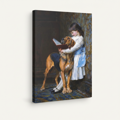 Stretched canvas Victorian girl and dog painting side angle view showing canvas depth