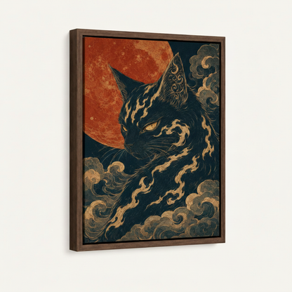 Dark mystical cat canvas art in dark walnut float frame on clean off-white background