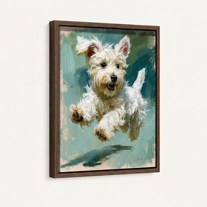 Dark walnut framed canvas print of joyful Westie puppy leaping on off-white background