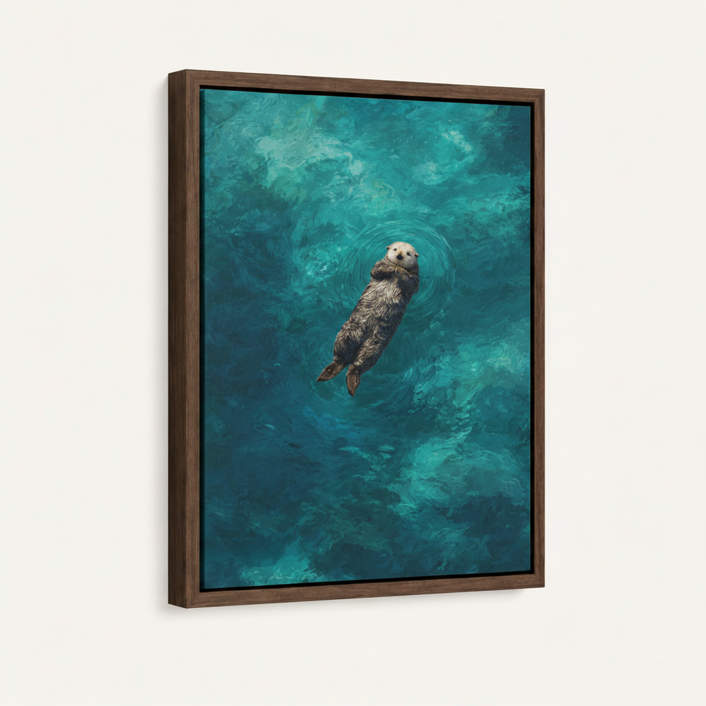 Walnut float frame canvas print of sea otter in turquoise ocean, 3/4 angle product view
