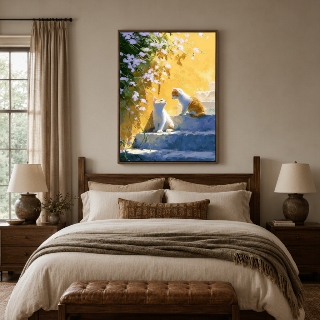Impressionist rainbow cat canvas print in bedroom – vibrant colorful cat sunlight oil painting as joyful wall decor above bed by Aurewall