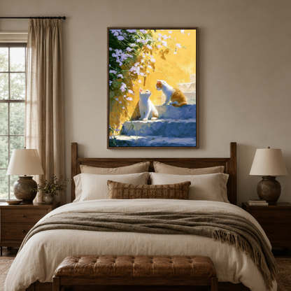 Impressionist rainbow cat canvas print in bedroom – vibrant colorful cat sunlight oil painting as joyful wall decor above bed by Aurewall