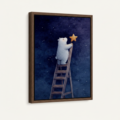 Framed canvas print of polar bear climbing ladder to golden star on navy sky