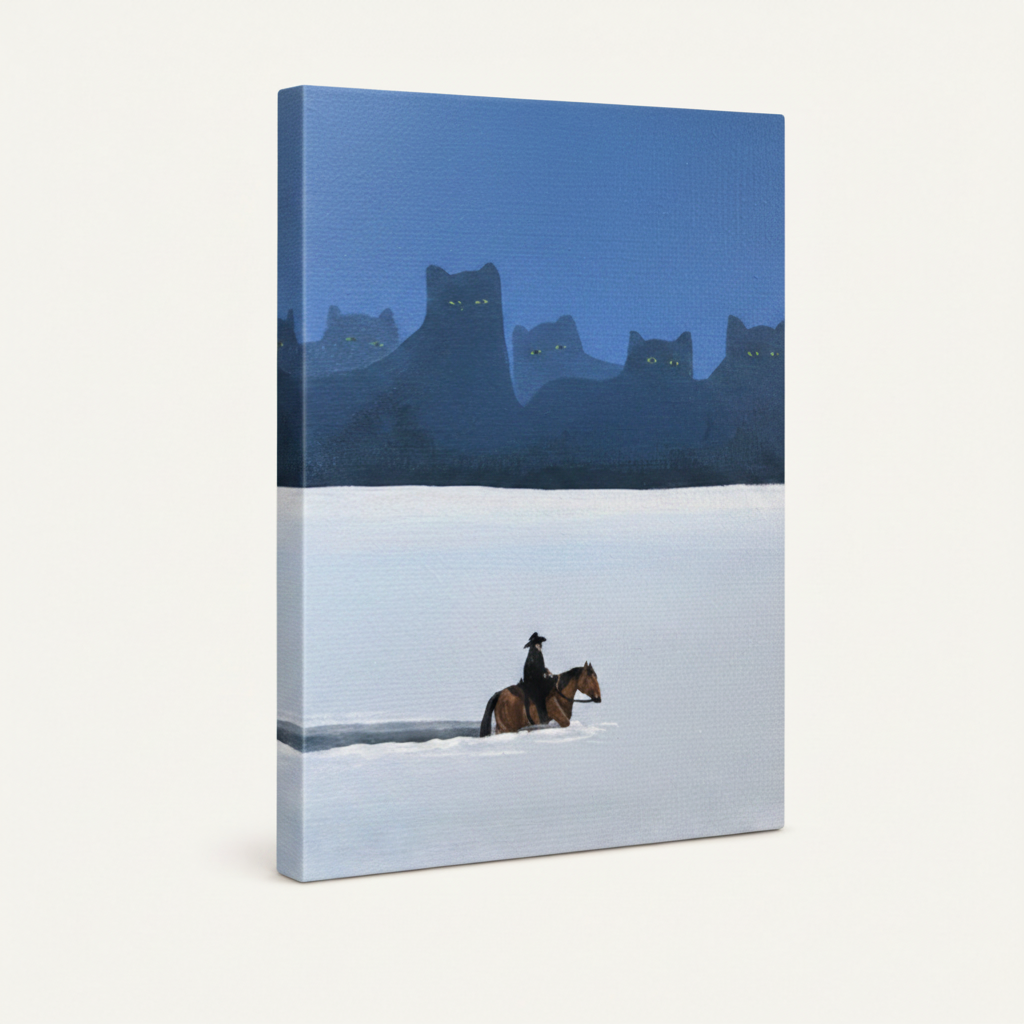 Stretched canvas wrap with surreal black cat mountain and lone cowboy snowy scene, 3/4 angle on white background