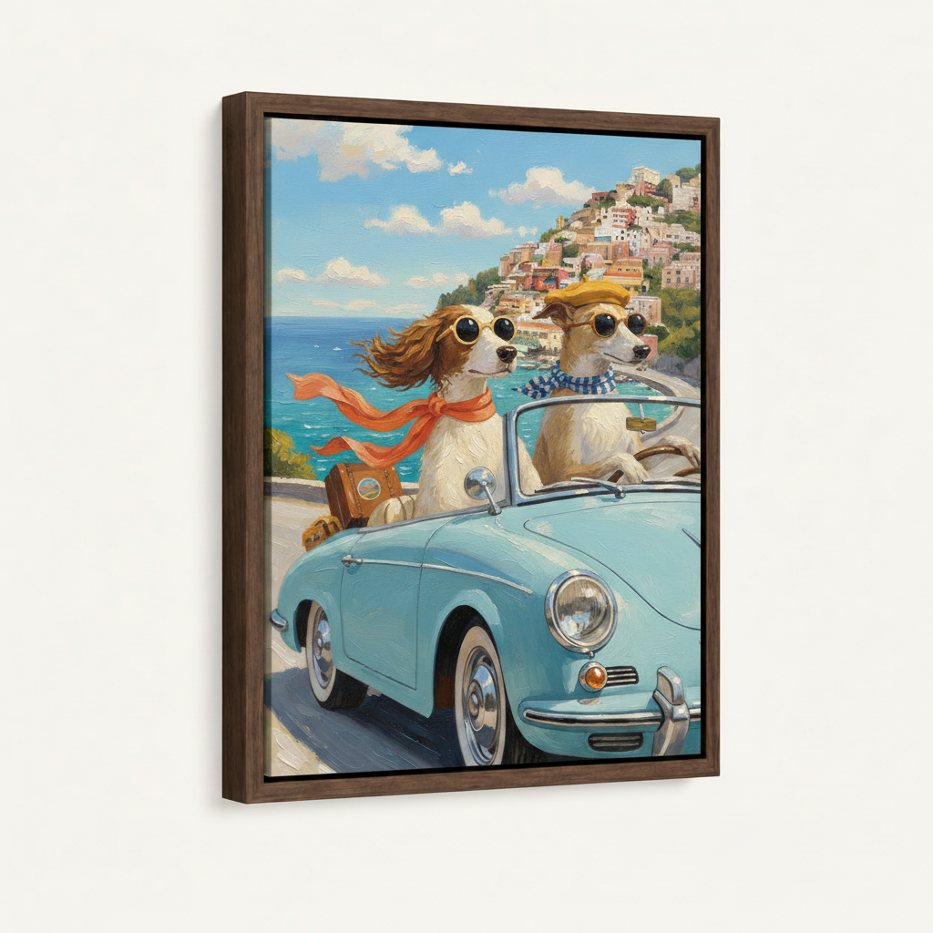 Float framed canvas print of stylish dogs on Amalfi road trip, angled product view on white background