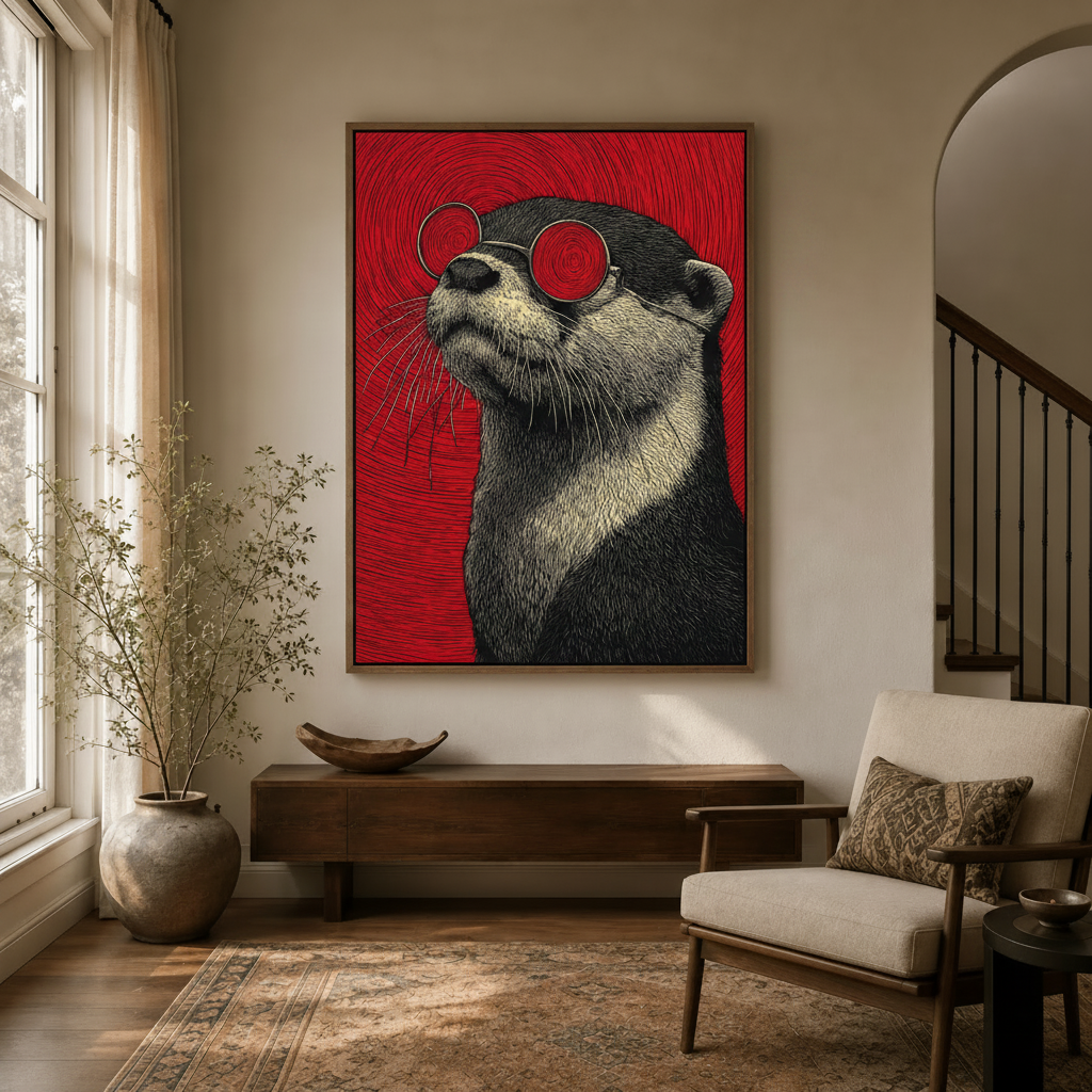 Bold otter wall art in woodcut style displayed in entryway hallway with warm eclectic interior decor