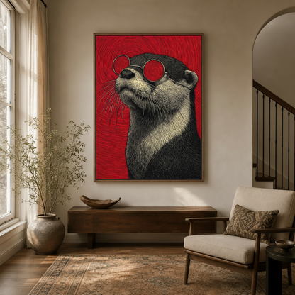Bold otter wall art in woodcut style displayed in entryway hallway with warm eclectic interior decor
