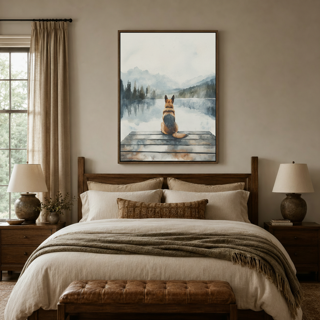 German Shepherd mountain lake watercolor canvas print above bed in cozy neutral bedroom