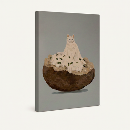 Stretched canvas wrap with white cat perched on baked potato with sour cream and chives, 3/4 angle view