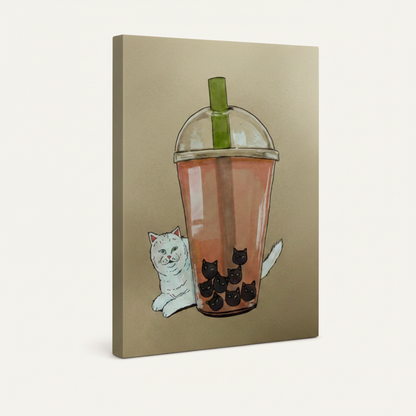 Stretched canvas wrap with whimsical white cat and bubble tea illustration, 3/4 angle on white background
