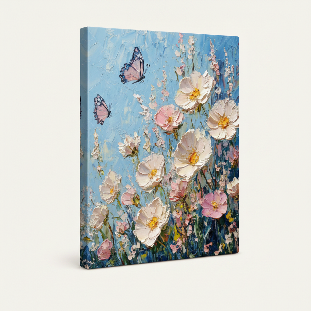 Gallery wrap impasto floral canvas, frameless angled view showing textured painted edges