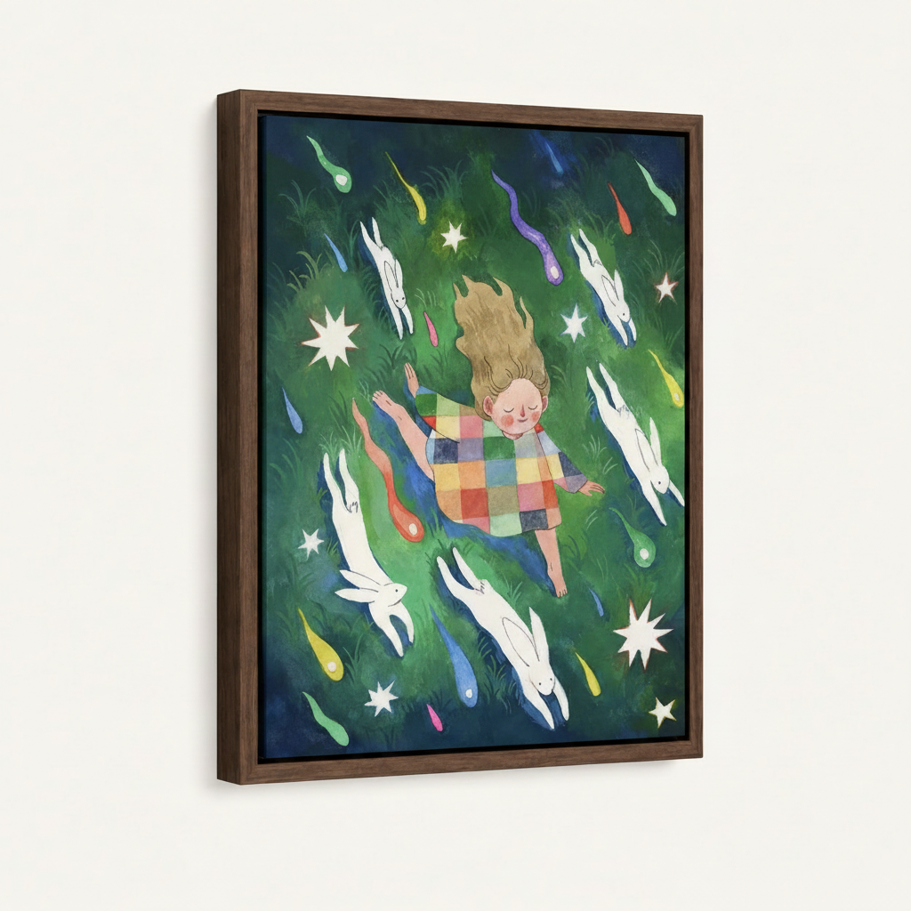 Dark walnut float frame canvas featuring whimsical watercolor girl and rabbits fairy tale illustration