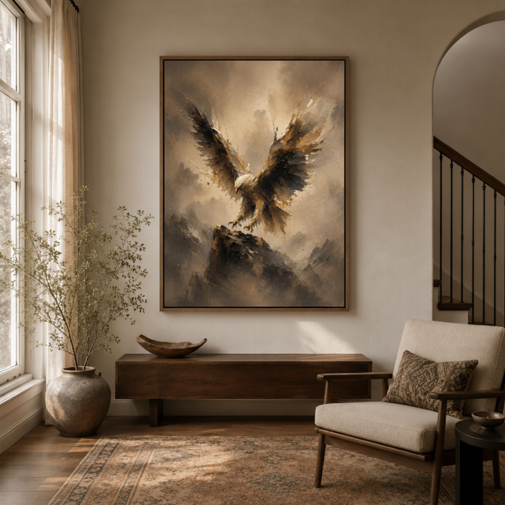 Majestic eagle soaring canvas print in study – dramatic realist oil painting with eagle launching from rock as powerful freedom wall decor by Aurewall