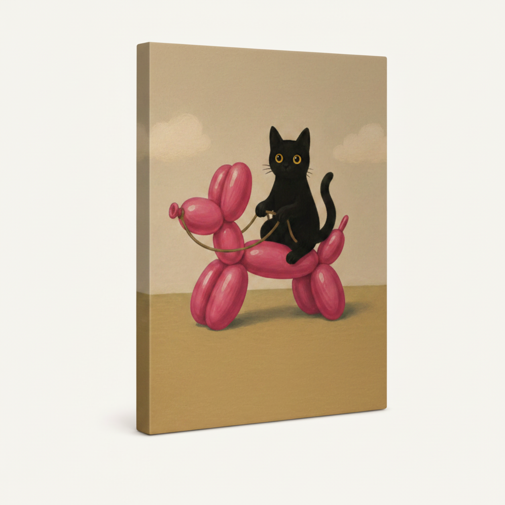 Gallery-wrapped whimsical cat balloon dog canvas, frameless stretched canvas product photography on white background