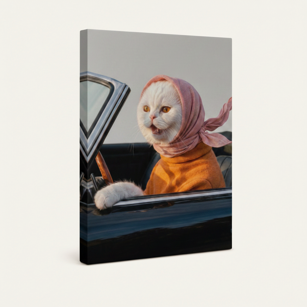 Stretched canvas driving cat wall art, gallery wrap side view on white background