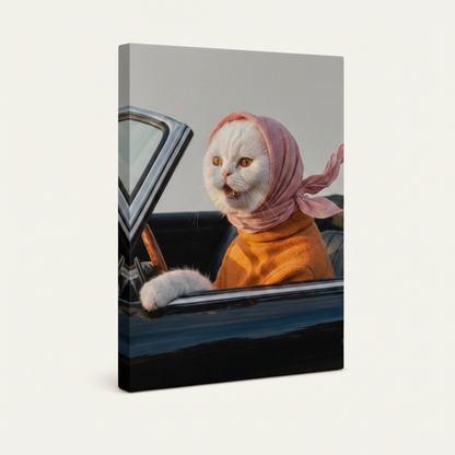 Stretched canvas driving cat wall art, gallery wrap side view on white background