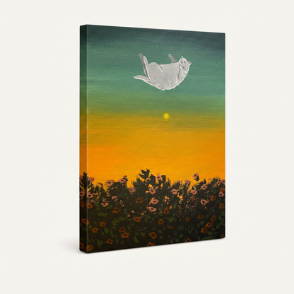 Stretched canvas surrealist floating cat above sunflower field, warm sunset tones, gallery-wrap view