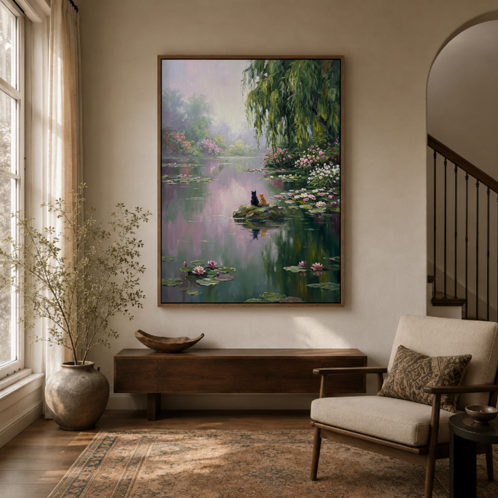 Lotus lake impressionist canvas wall art in entryway – misty oil painting with willow boat and lotus as serene elegant hallway statement piece by Aurewall