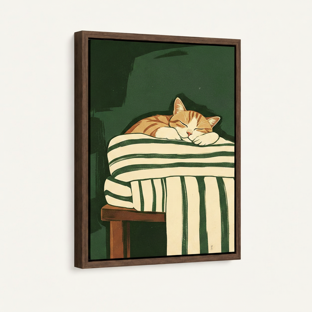 Framed Japanese-style sleeping cat canvas with dark walnut float frame on off-white wall