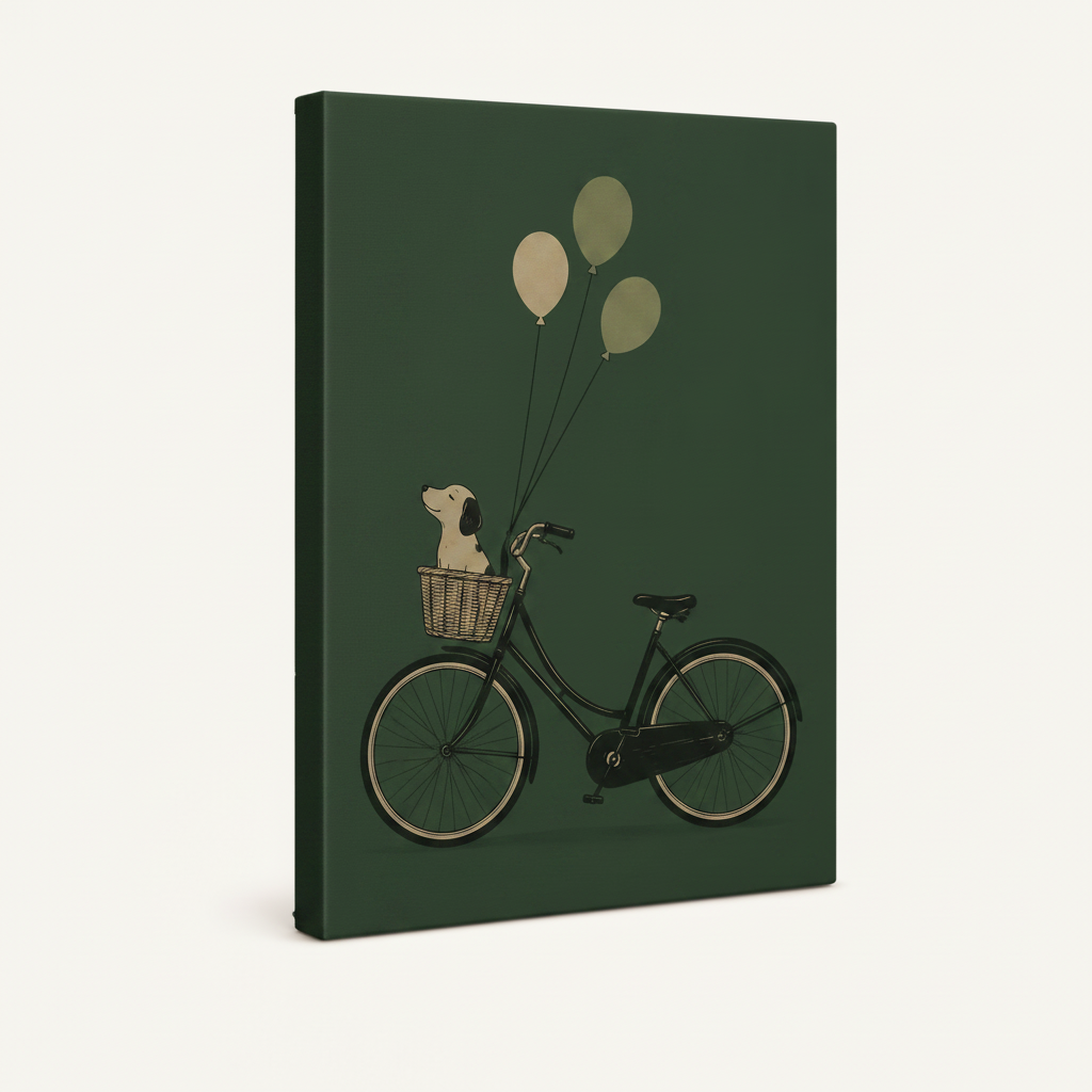 Gallery wrap dog bicycle canvas with forest green painted edges on off-white background