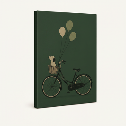 Gallery wrap dog bicycle canvas with forest green painted edges on off-white background