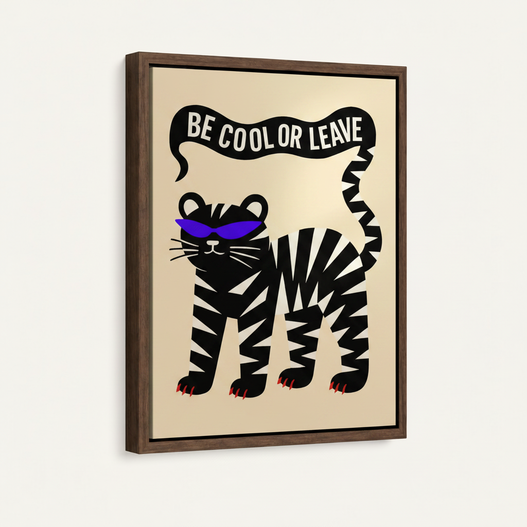 Tiger graphic canvas in dark walnut float frame on white background product mockup