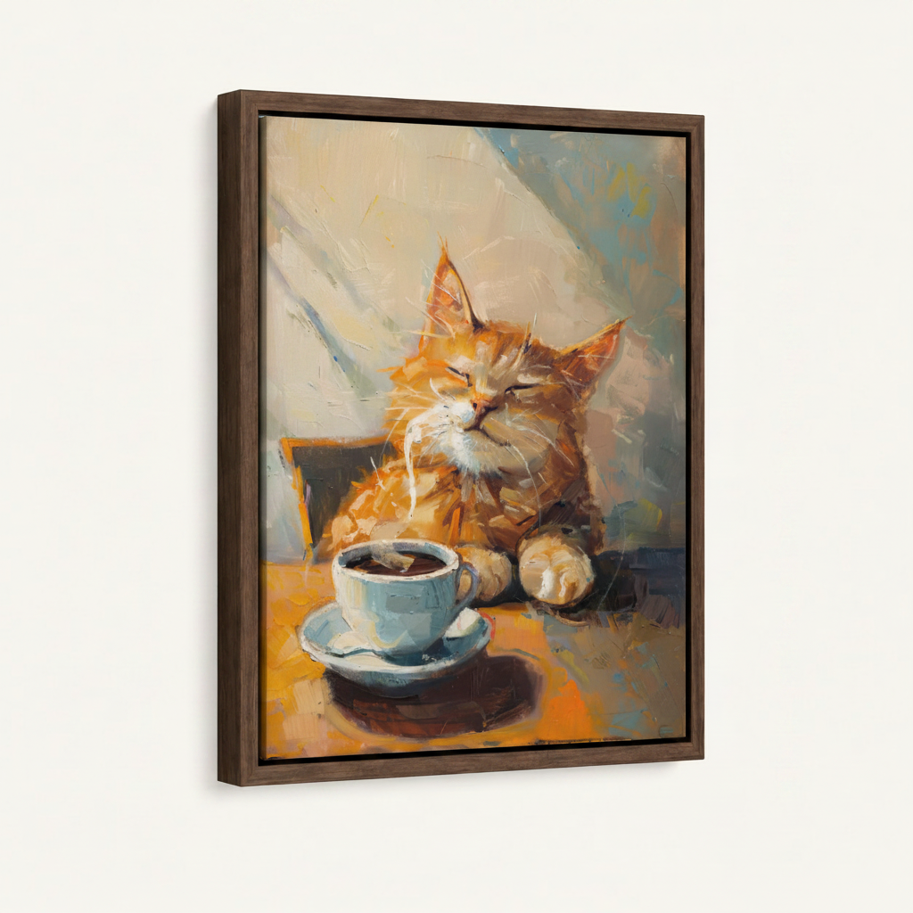Dark walnut float frame canvas print of chubby orange cat with coffee cup on white background
