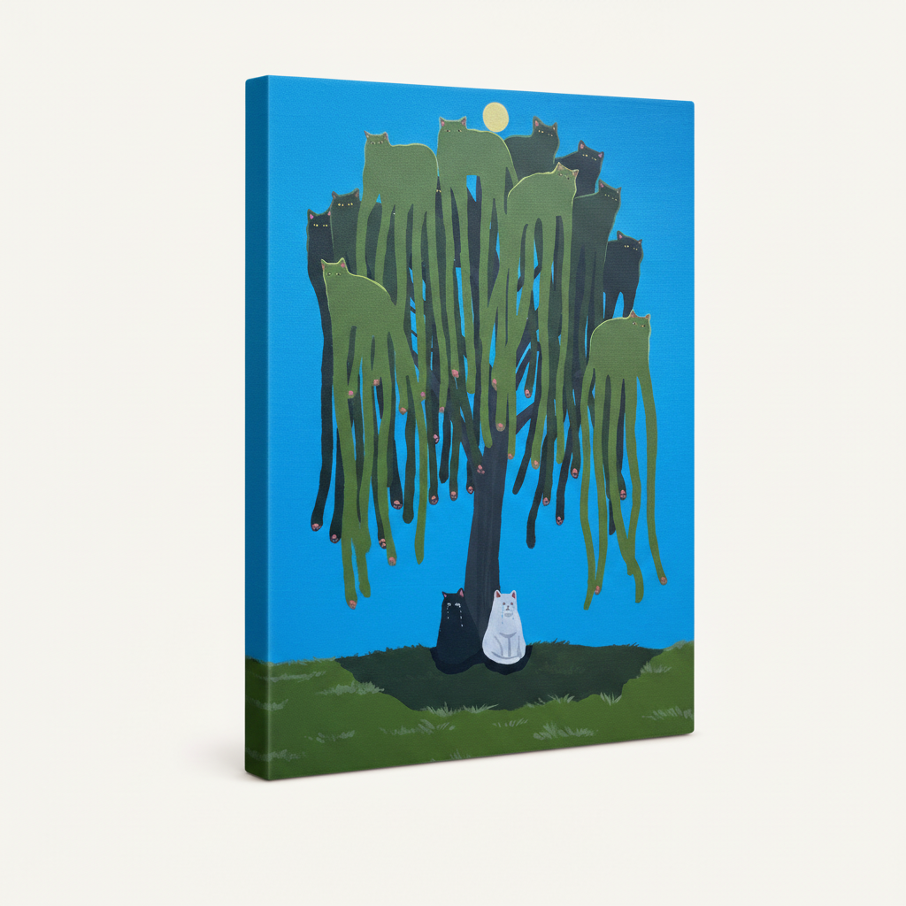 Stretched canvas wall art featuring folk art cat tree, frameless, angled product view