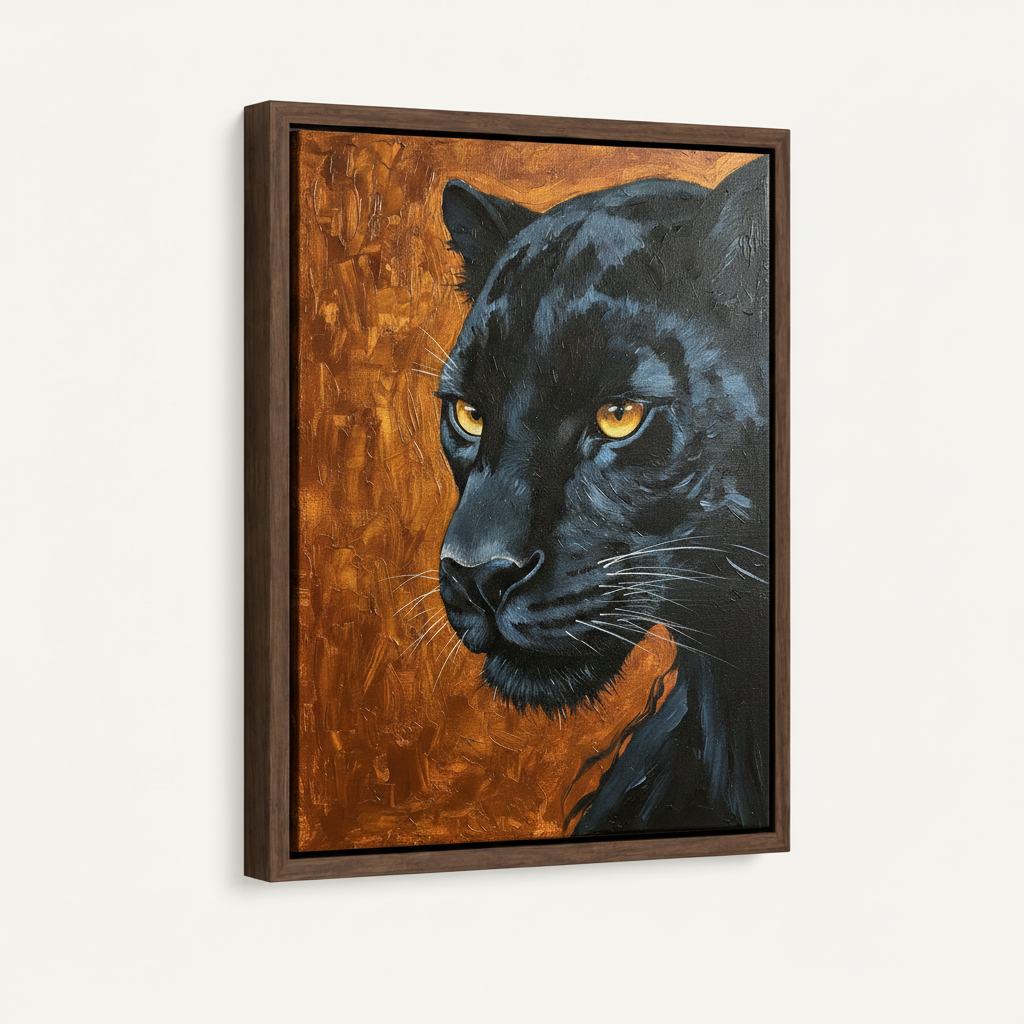 Black panther framed canvas art in walnut float frame displayed on white background product shot