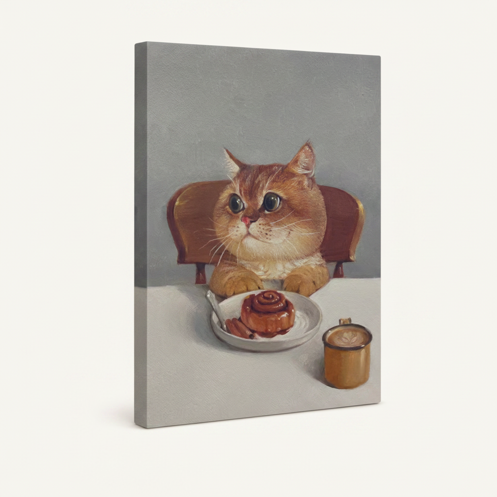  Gallery wrap canvas of orange tabby cat with cinnamon roll, frameless angled view showing painted edges