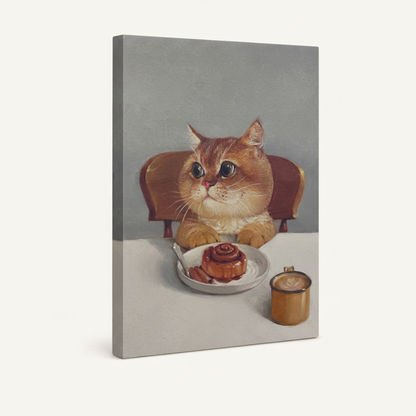  Gallery wrap canvas of orange tabby cat with cinnamon roll, frameless angled view showing painted edges