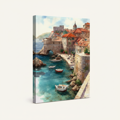 Impressionist Mediterranean harbor stretched canvas print – unframed oil painting with small boats moored in blue harbor and orange-roofed stone village by Aurewall