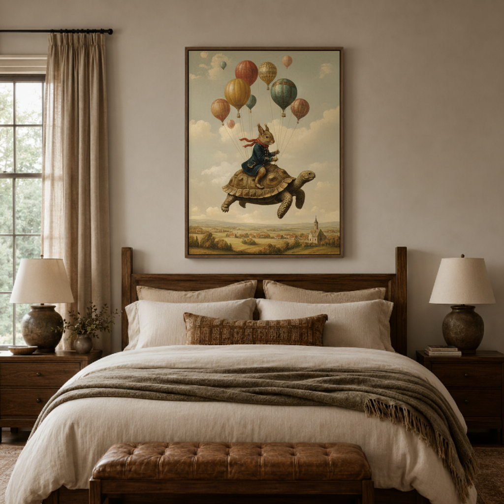 Whimsical rabbit turtle balloon canvas wall art bedroom detail – close-up of surreal oil painting showing rabbit on tortoise with colorful balloons in warm sky by Aurewall